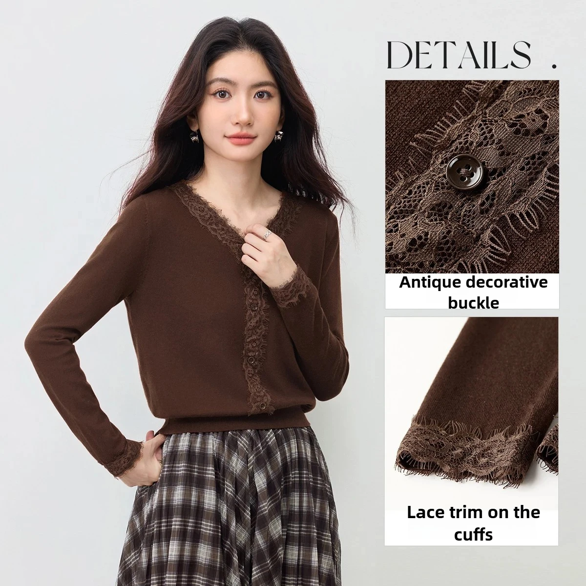 SENTUBILA Casual Spitze V-ausschnitt Pullover frauen 2025, Herbst Micro-elastische Gestrickte Pullover Einfache Langarm Tops W53EG4170