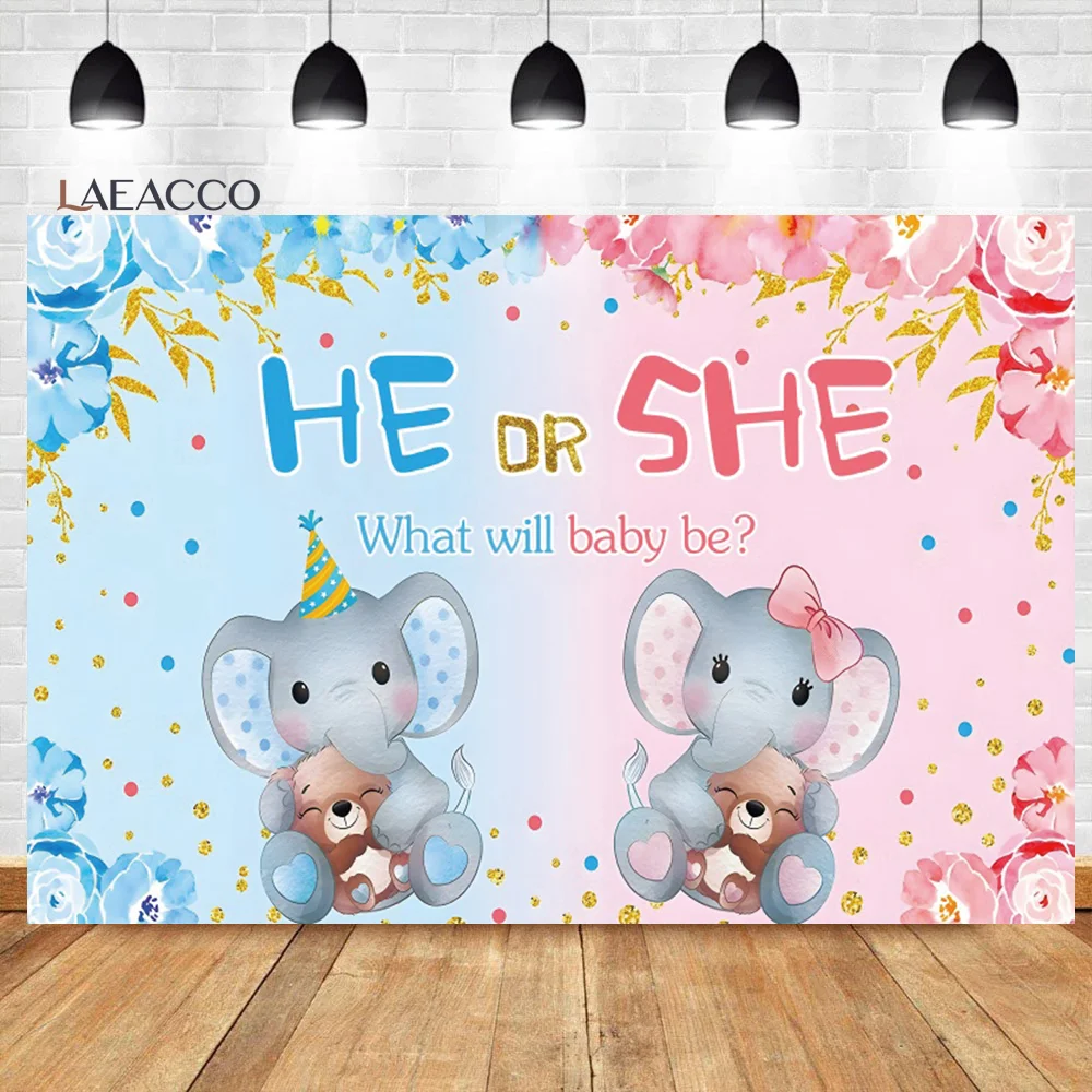 Laeacco Elephant Gender Reveal Backdrop Blue or Pink Flowers What Will Baby Be Baby Shower Kids Portrait Photography Background