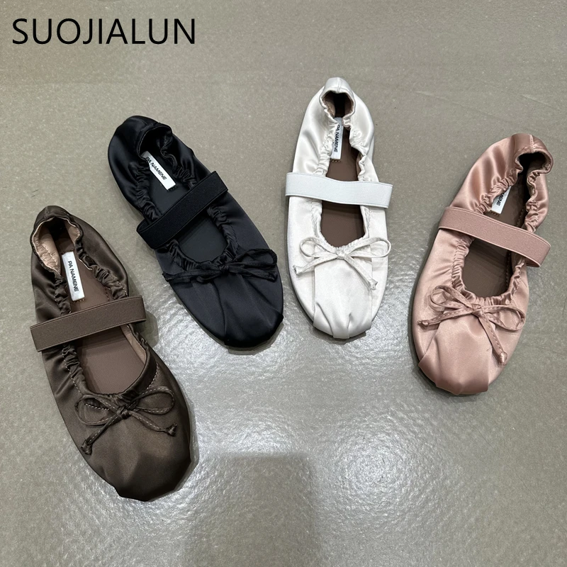 SUOJIALUN 2024 Autumn Women Flat Shoes Ladies Elegant Pleated Ladies Elegant Shallow Slip On Ballerinas Shoes Soft Flat Dress Bo