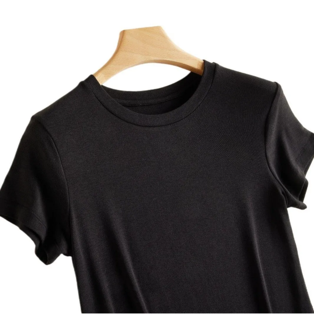 Neue Ankunft Weiche runde Ne frauen T-shirt Frühling Sommer Acetat Wolle Mischung Slim Fit Pendeln Sle ort Sve Reine Farbe