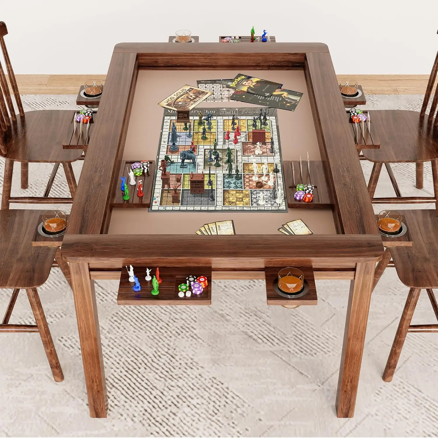 Board Game Table Removable Top 54x31 Inch Play Area EVA Mat Cup Holders Trays 6 Players Card DND Poker Walnut, Customized