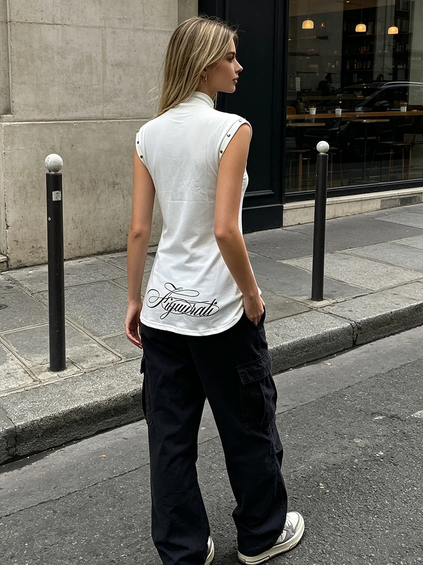 Women Fashionable Studded Shoulder Sleeveless Mock Neck Tank Top BAD Letter Print Back Cursive Script Slim Long Streetwear Vests