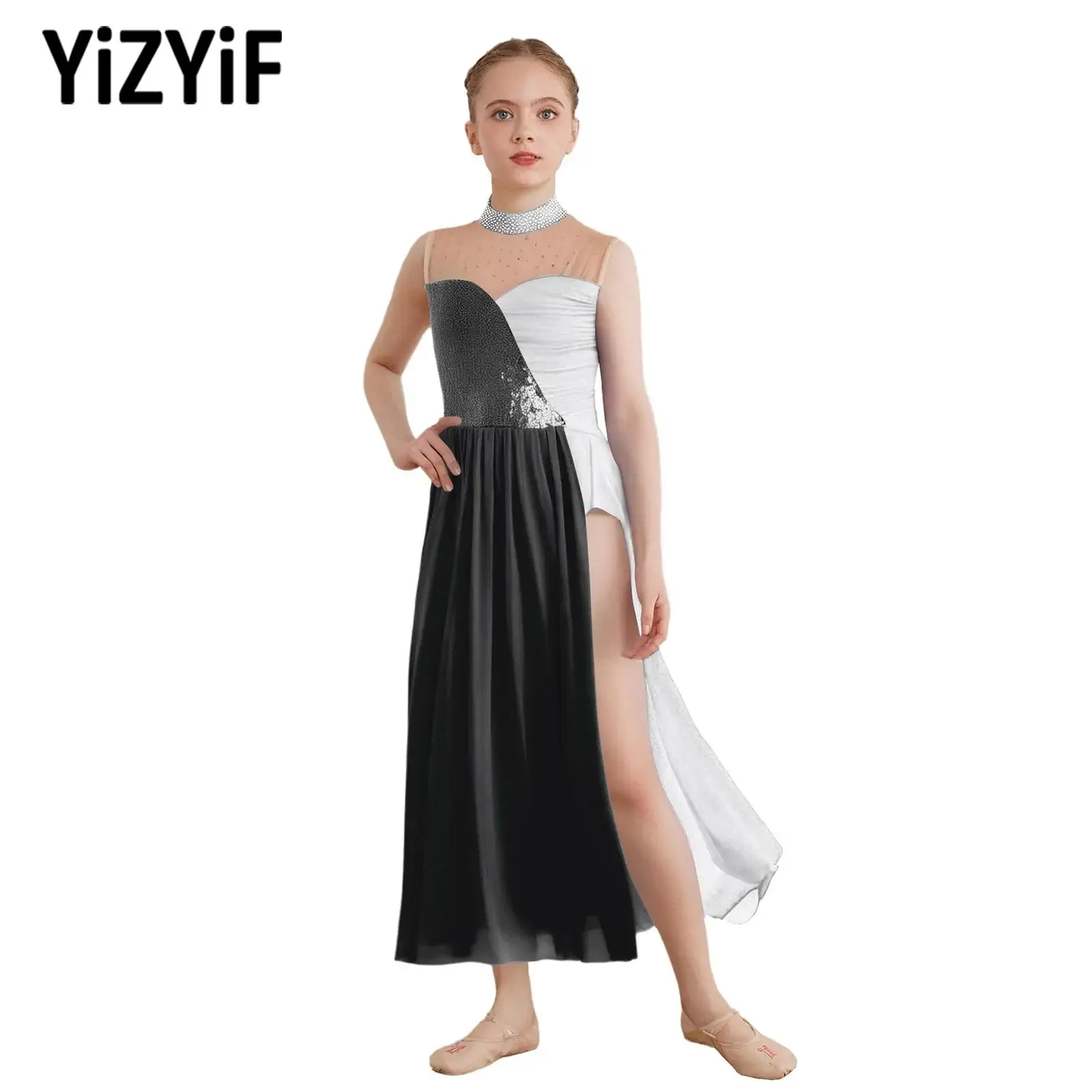

New Girls Lyrical Dance Dress Sequins Sleeveless Side Split Mesh Dress Contemporary Modern Dancewear Kids Performance Clothing