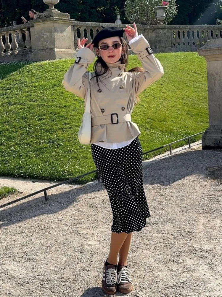 

Винтажные однотонные куртки с высоким воротником, женские модные двубортные плиссированные куртки с поясом, свободное пальто, женские осенне-зимние шикарные повседневные куртки