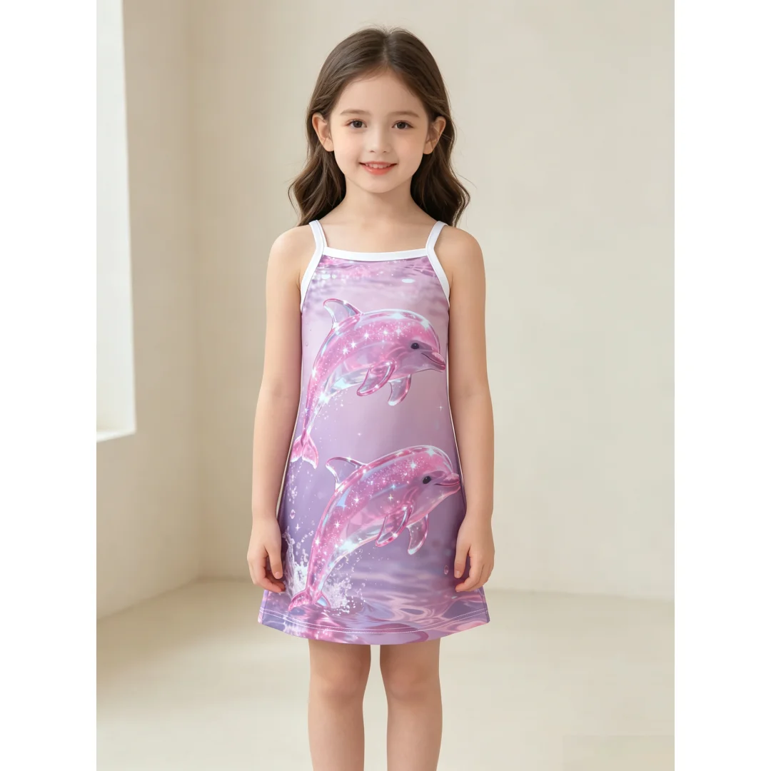 Summer Petite Girls Spaghetti Strap Dress Vibrant Sparkly Dolphin 3D Print Cute Casual A‑Line Outfit for Daily Play and Holiday