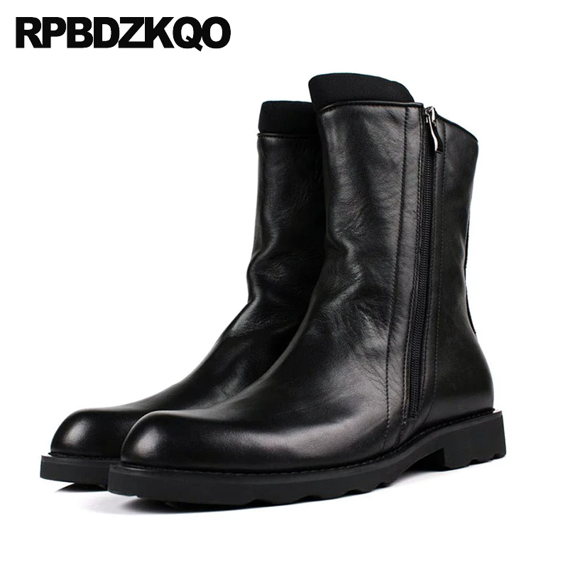 

Metal Shoes Men Motorcycle Boots Equestrian Flats Side Zip Riding Round Toe Mid Calf Fur Lined Biker Winter Cow Leather Buckle