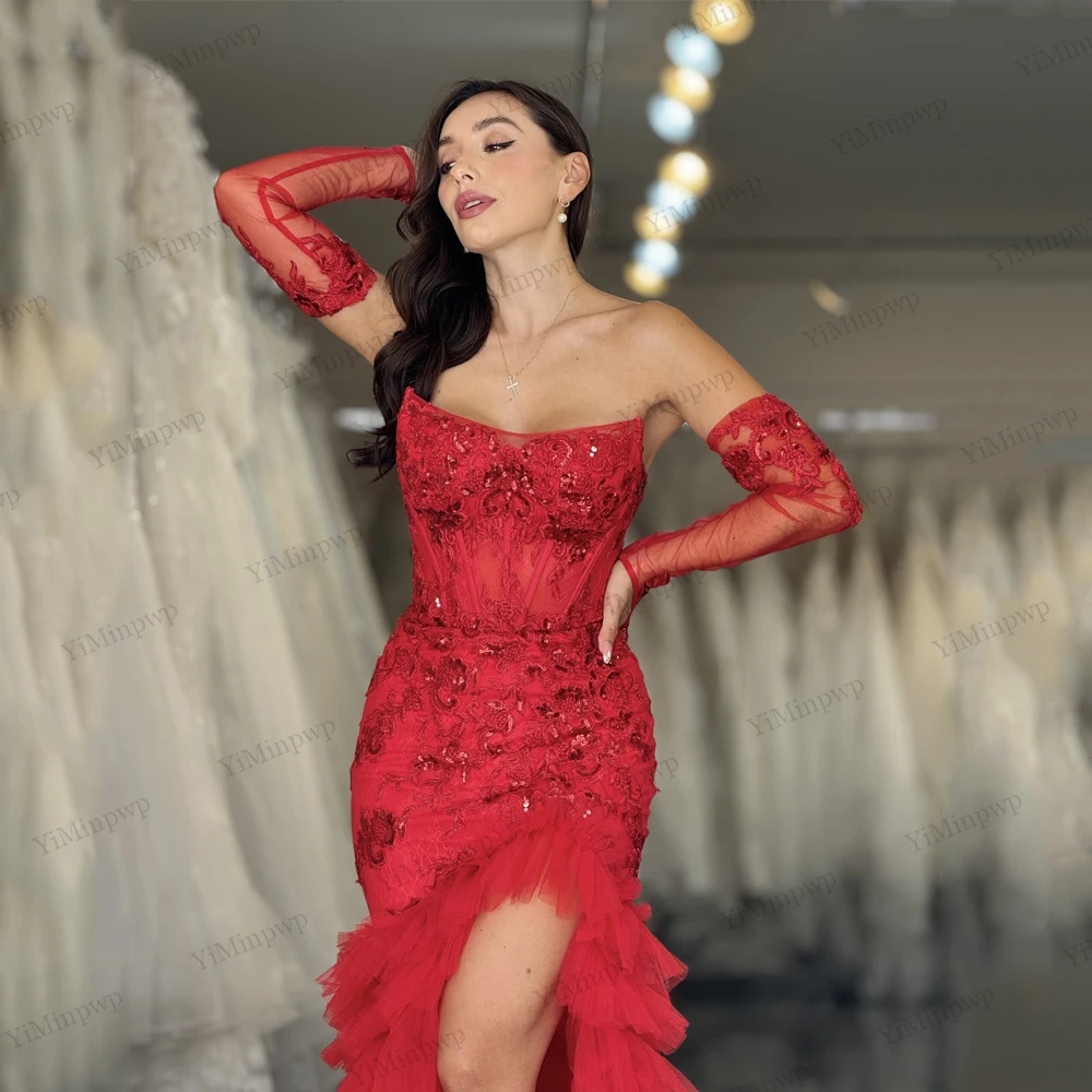 فساتين لحضور الحفلات الموسيقية مزينة باللون الأحمر 2026 بدون حمالات وأكمام قابلة للانفصال حورية البحر سبليت سويب تراين فيستدوس أنيقة de noche مخصصة #3
