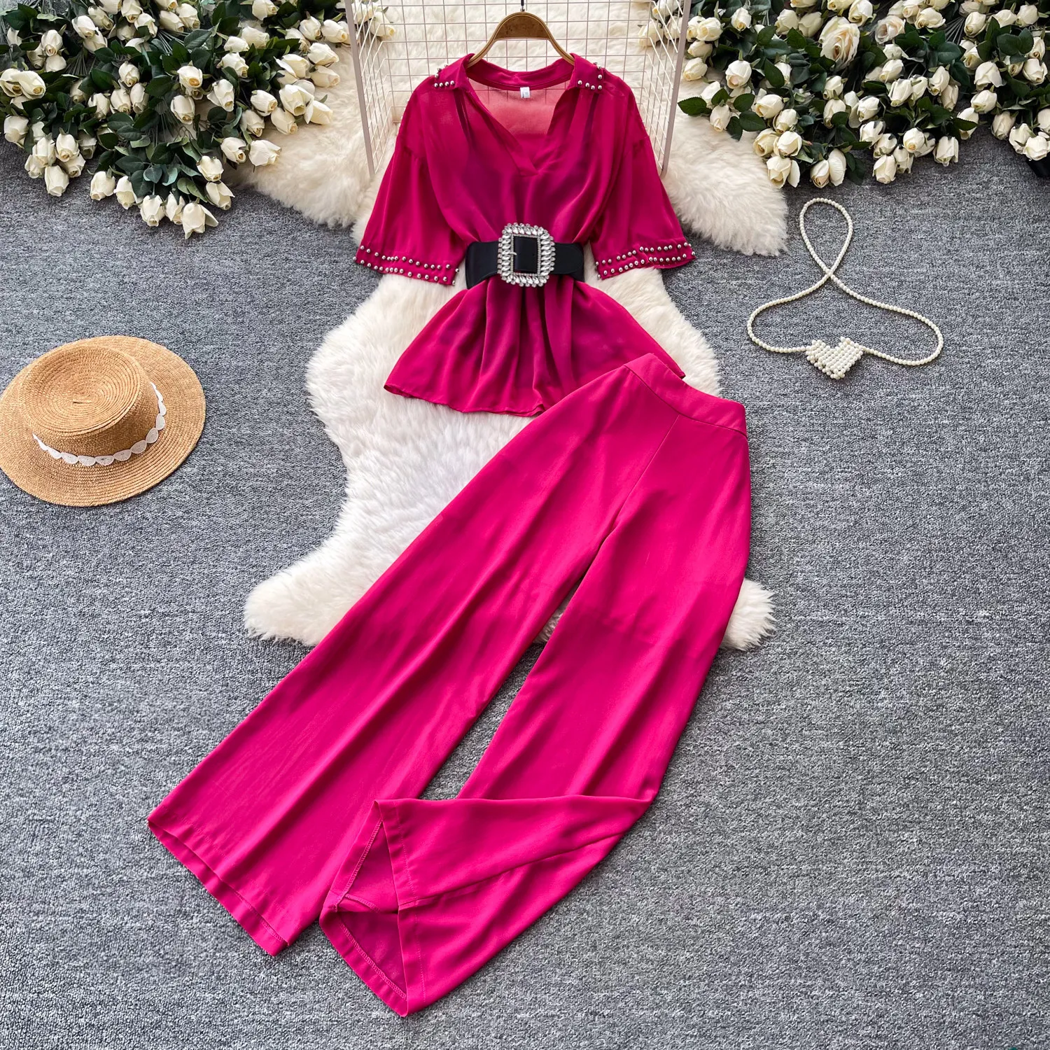 

Pant Set Women Two Piece Sets Turn Down Collar Short Sleeve Tops Wide Leg Long Pants Tight Waist Waist Y2k Streetwear Elegant