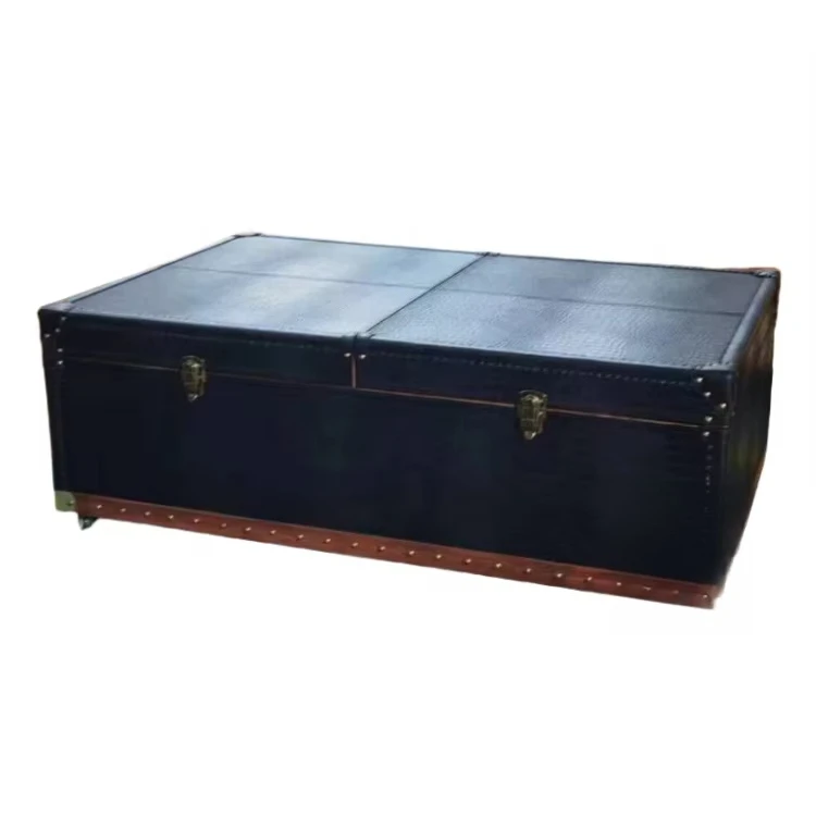 Retro retro functional storage luggage luxury coffee table wooden coffee table black leather living room center table