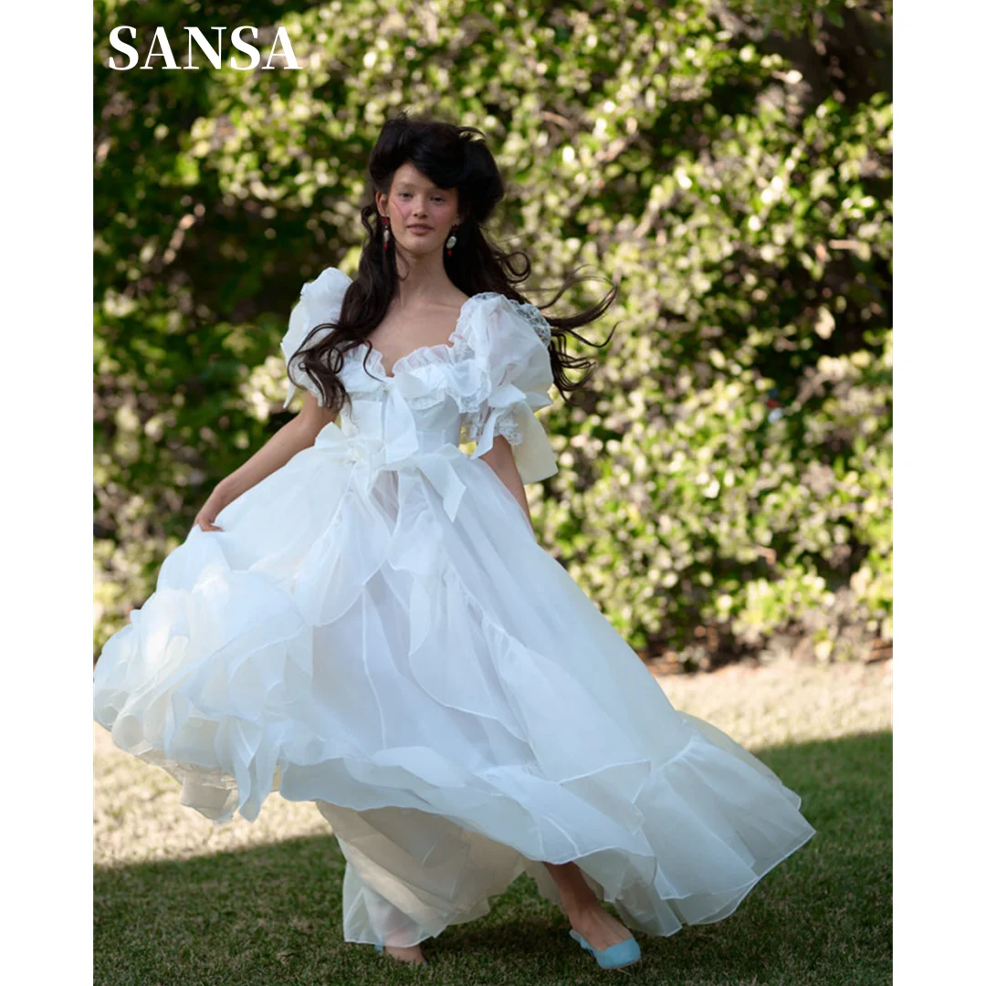 

Sansa Princess Short Lace Sleeve فساتين السهرة Palace Style A-line Vestidos De Noche Bow On Waist Prom Dresses 2024