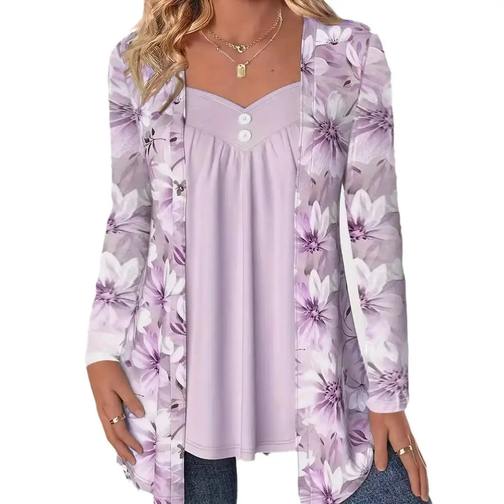 Camiseta de manga larga con botones para mujer, camiseta estampada a la moda, estilo europeo americano, Otoño Invierno, nuevas existencias, ropa de talla grande