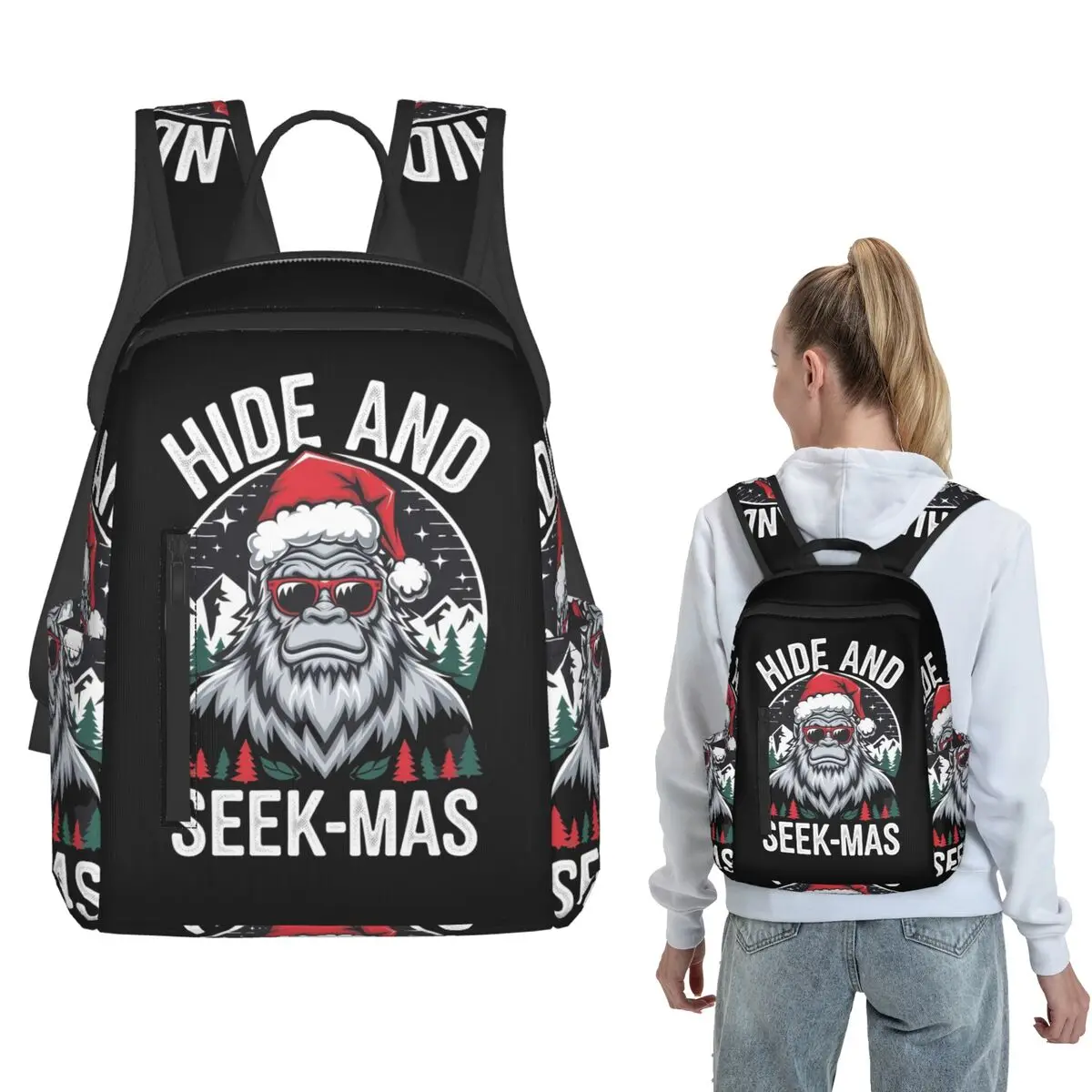 

Bigfoot Christmas Hide And Seek-mas Santa Hat Humor Backpack Daypack Children BookBag School Bag Shoulder Bags for Men Women