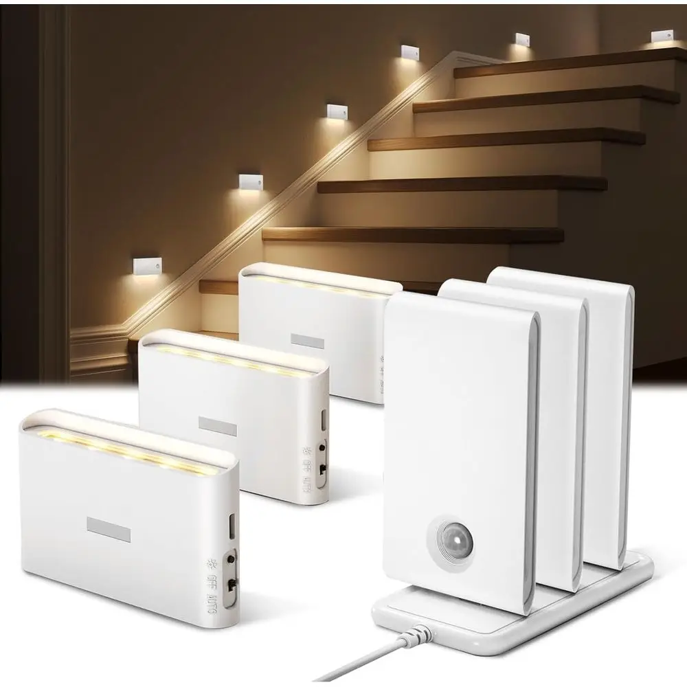 

Набор ночных светильников EZV6 с датчиком движения и зарядной станцией, синхронизируемые светодиодные лампы для лестниц, для использования внутри помещений, 1500 мАч, перезаряжаемые, магнитные и с регулировкой яркости