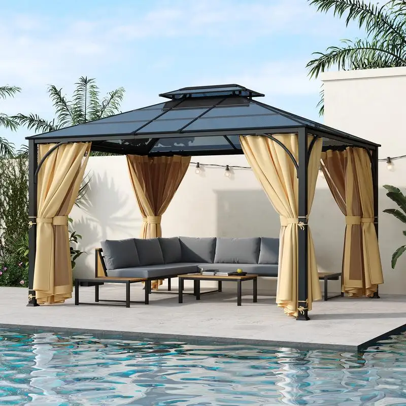 

10'x12' Hardtop Outdoor Gazebo, Heavy-Duty Double Roof Patio Pavilion with Aluminum Frame, Double-Layer Side Walls, Mosquito