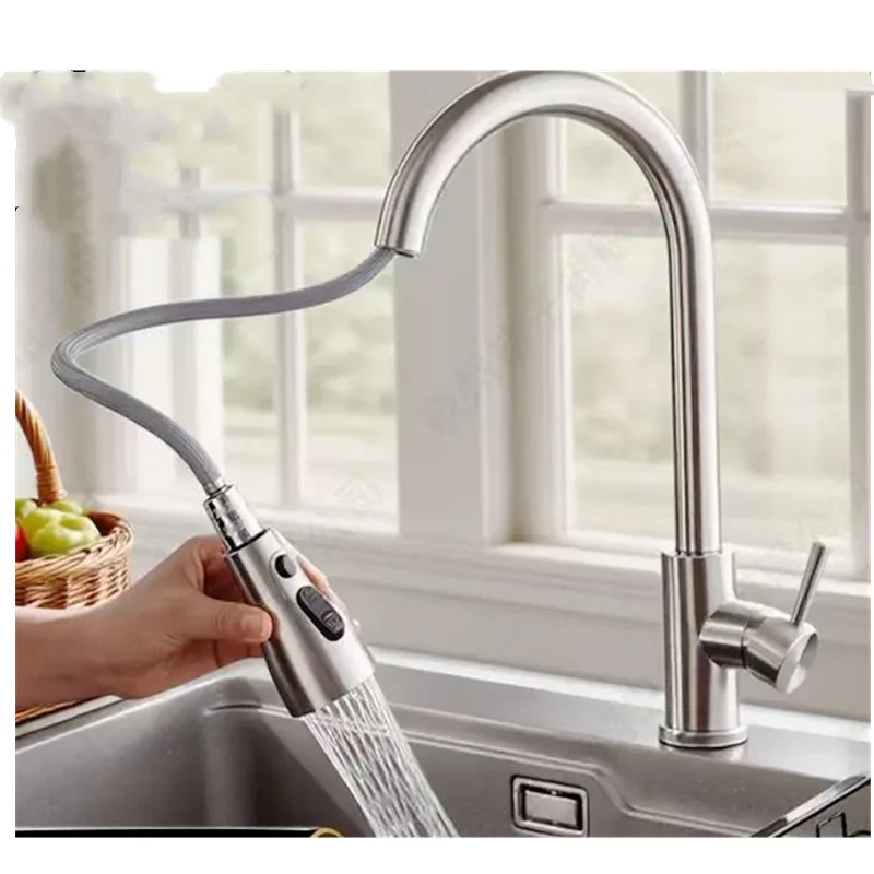 

Кухонный смеситель из нержавеющей стали с выдвижным изливом, поворотный на 360 градусов ° Смеситель для раковины с высоким изливом, современный дизайн