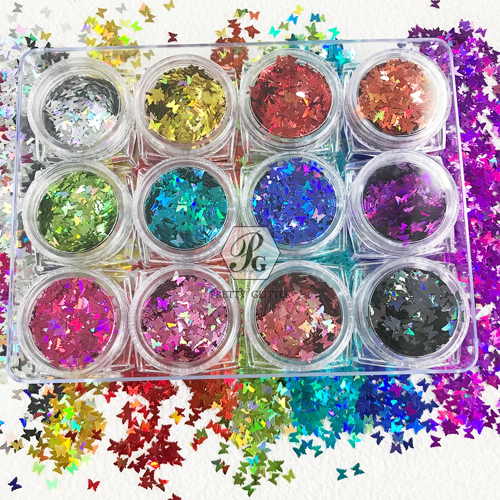 PrettyG 1 Set 12Color Box 4MM Butterfly Sequin Glitter Cute Holographic Color Nail Glitter For Resin DIY Nail Art Decoration