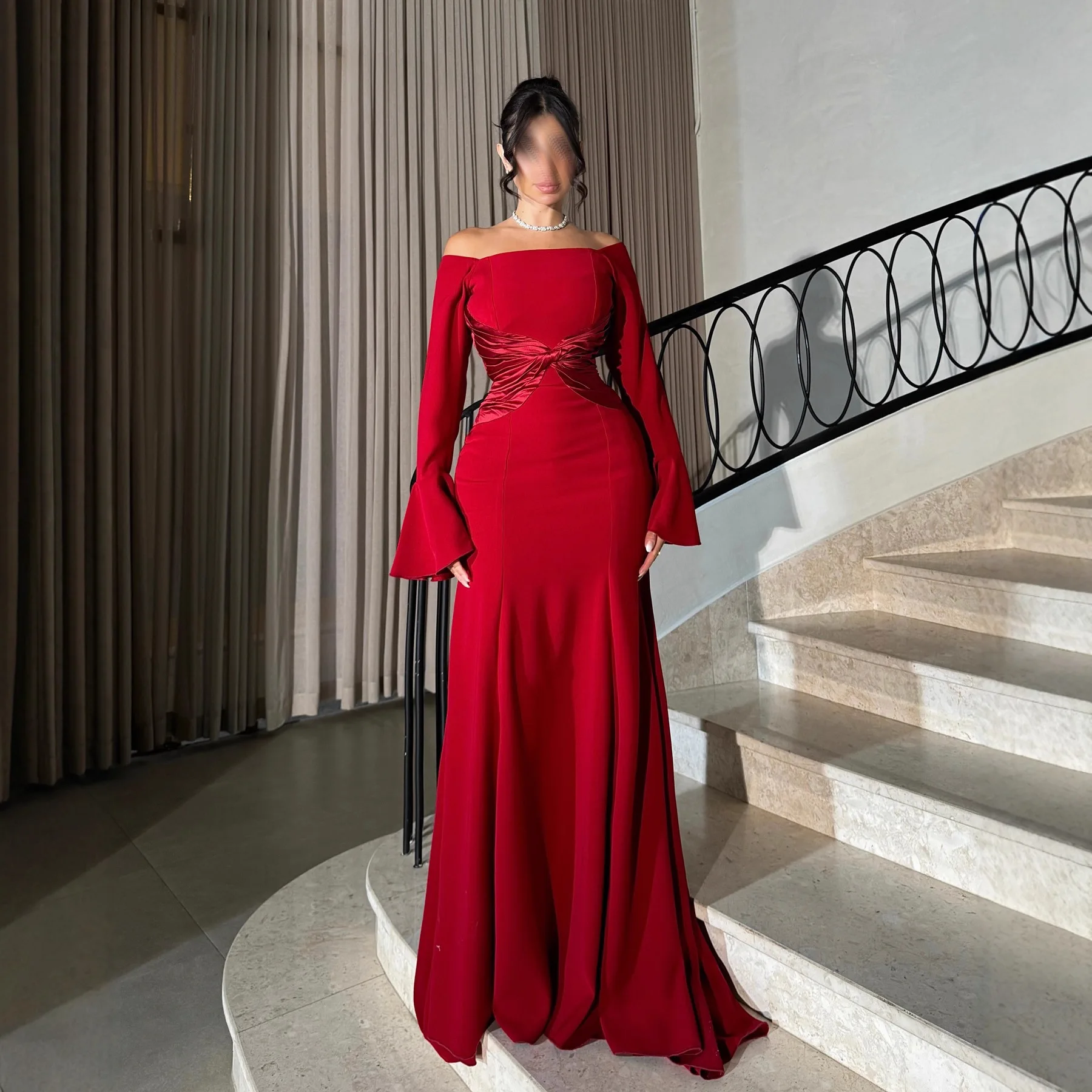 2026 Spring New High-End Red Off Shoulder Floor-Length Long Dress Women Sexy Waist Slimming Long Sleeve Patchwork Evening Gown