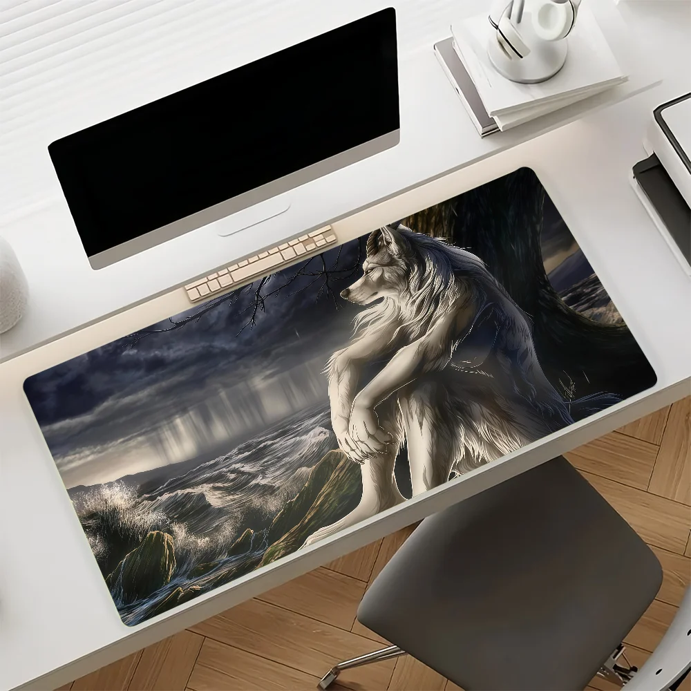 Emo White Wolf Sitting Sad Funny Mouse Pad Anti Slip Rubber Edge Locked Thickened Laptop Gaming Desk Mat