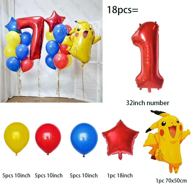 18pcs Cartoon Pokemon Pikachu Charmander Squirtle Bulbasaur Balloon Number Set Kids Birthday Party Decoration Latex Balloon Toy