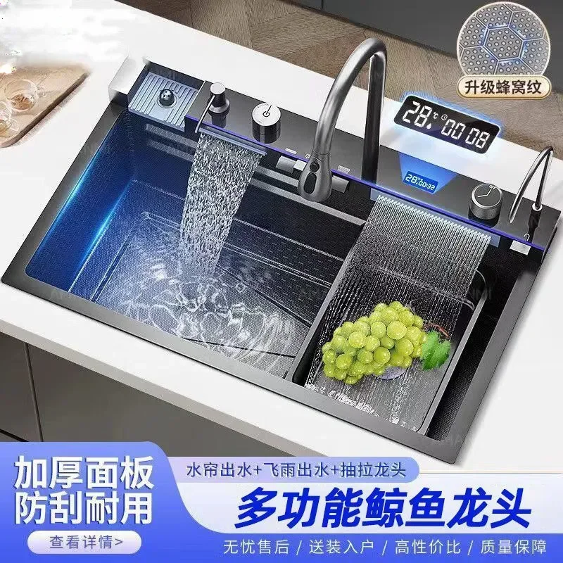 Large Single Bowl Stainless Steel Kitchen Sink with Digital Display Nano Coating Food Grade Vegetable Washing Basin for Home