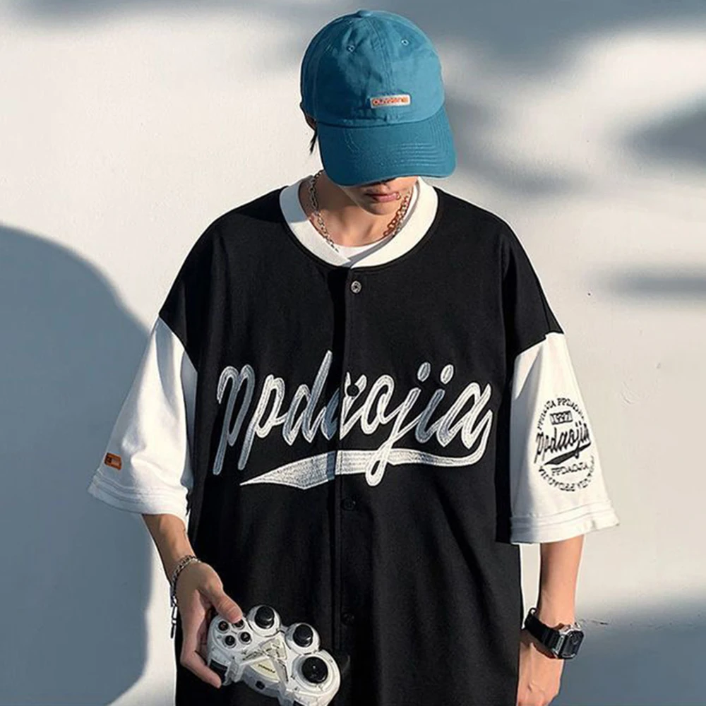 Street Hiphop Color Contrast Stitching Baseball Shirt Cardigan Jacket Summer Short-sleeved Shirt Men\'s Loose Top Men\'s Clothing