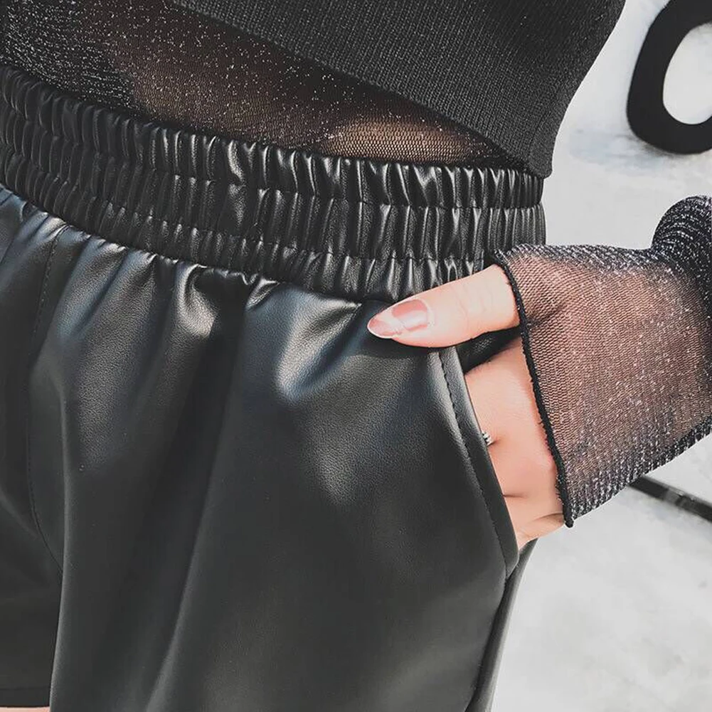 กางเกงขากว้างสำหรับผู้หญิง, กางเกงเอวสูงทรงหลวมกางเกงขาสั้นหนัง PU