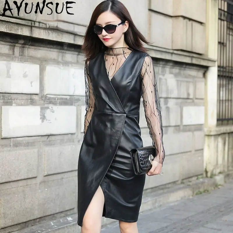 AYUNSUE Genuine Leather Dress Women Elegant Black Dress for Women Real Sheepskin Dress Sleeveless Split Irregular Dresses Woman