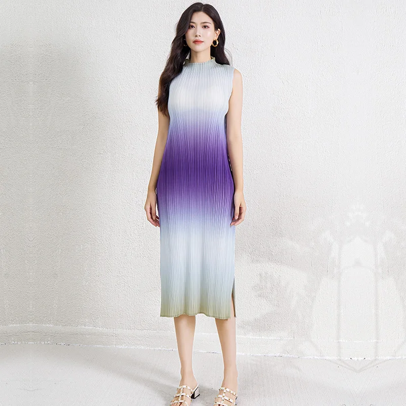 

Miyake Dress Pleated Polyester Straight Leg Dresses Women Casual Gradient Color Free Size Straight Dress