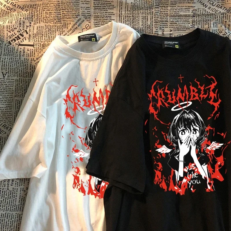Gothic Punk Cartoon Short Sleeve Women T-Shirt Harajuku O-Neck Ulzzang Hip Hop Loose Casual Streetwear Aesthetic Clothes