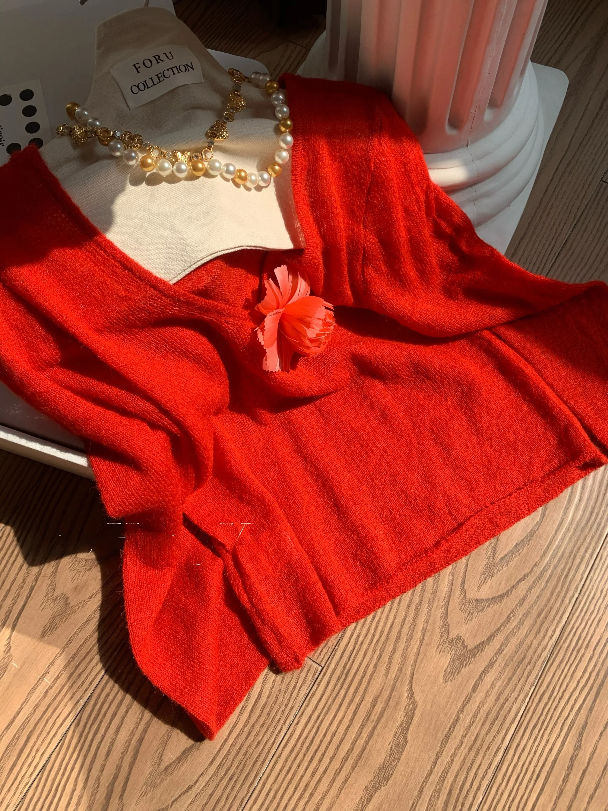 

Red Knitted Thin Sweater Faionable mat Design Outerwear Layering Sweater Commute Sle Korean Version Slim Fit Long ...