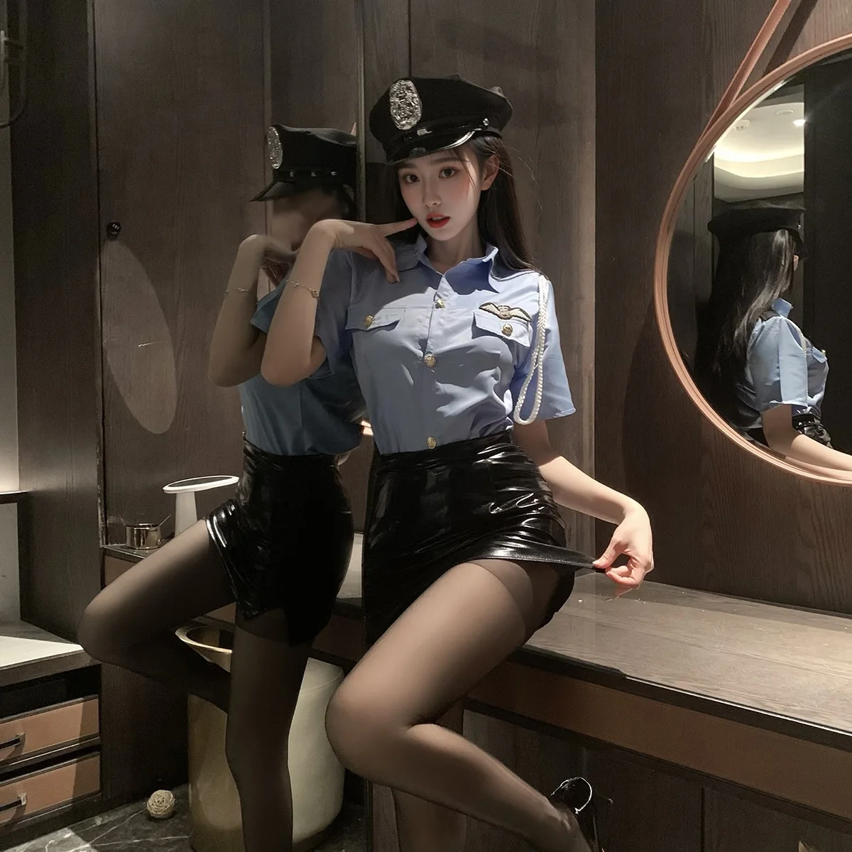 

New Women Sexy Cops Policewoman Office Lady Cosplay Lingerie Costume Blue Shirt with Wrap Hip PU Leather Skirt Ties Panties Set