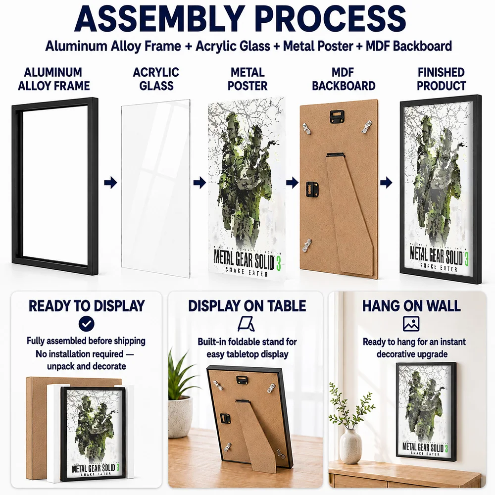 MGS 3 Snake Eater Framed Metal Poster Personalized Photo High Impact Graphic Style Wall Art For Command Center Action Fan Gift