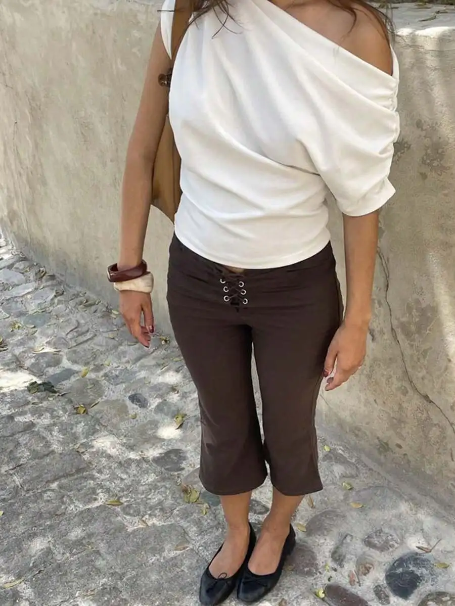 

Brown Mid-Calf Capri Pants With Lace-Up Front Detail, Straight Fit Casual Cropped Trousers For Everyday And Streetwear