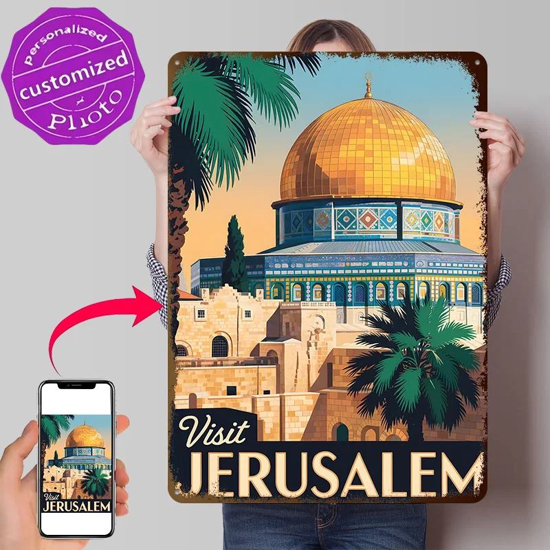 Visit Jerusalem Travel Poster Retro 3D Printed Metal Signs Customized Wall Hanging Gift for Wand Deko Garage Accessories Art Bar