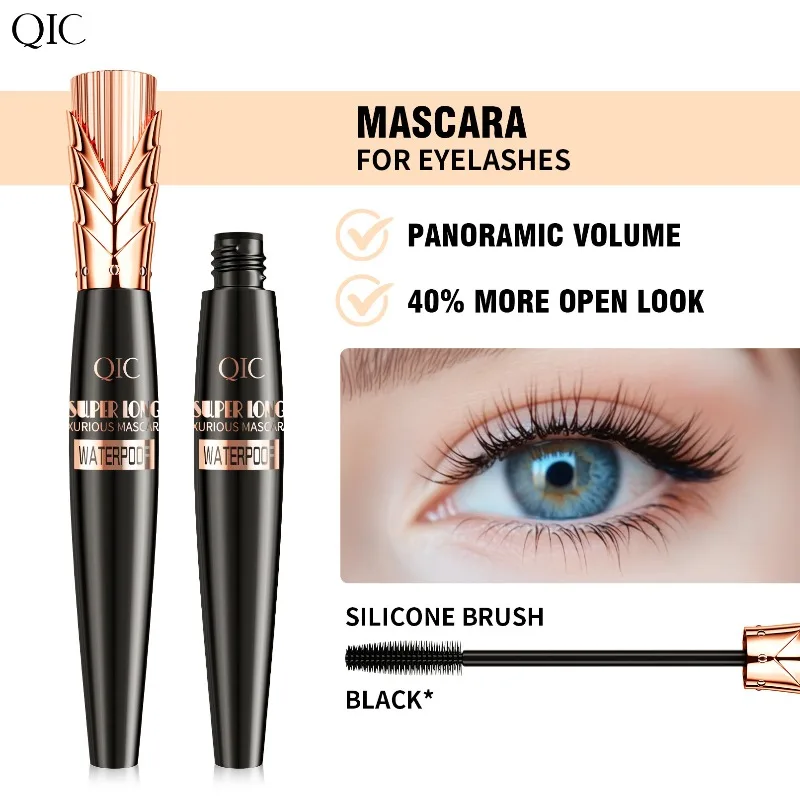 Black Crown-Tip Black & Gold Mascara 4D Large Brush Waterproof Volumizing Lengthening & Curling Long-Lasting Wear Cosmetic 1pcs