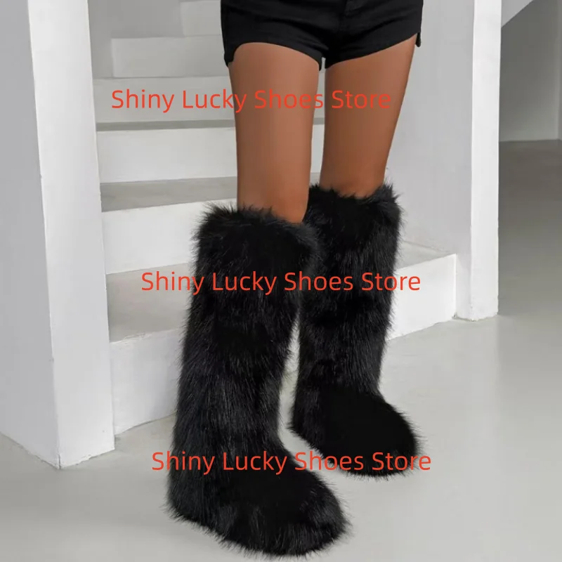 

Mink Fur Shoes for Womens Round Toe Flat Heels Sewing Lines Ladies Female Mid Calf Boots Warm Chassure Femme Mixed Colors Mujer