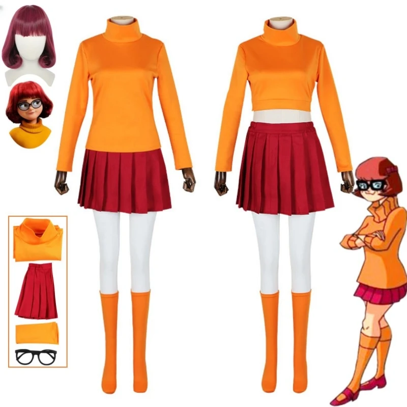 Conjunto de Cosplay de Anime Velma Seragam Kostum, Falda corta naranja, uniforme Wanita Oranye Kaus Kaki Rok Atas, fiesta de Halloween, Carnaval