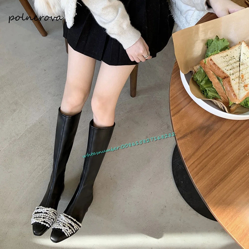 Fashion Pearl Decoration Knee High Boots Black Leather Chunky Heel Boots Newest Runway Party Shoes for Women 2023 Autumn Elegant