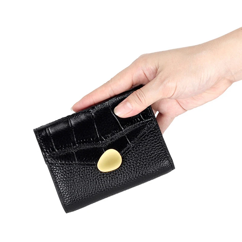 Coin purse 100% Genuine Cow Leather Tri-fold Wallet Ladies Elegant Irregular Metal Button Short Purse For Women card holder