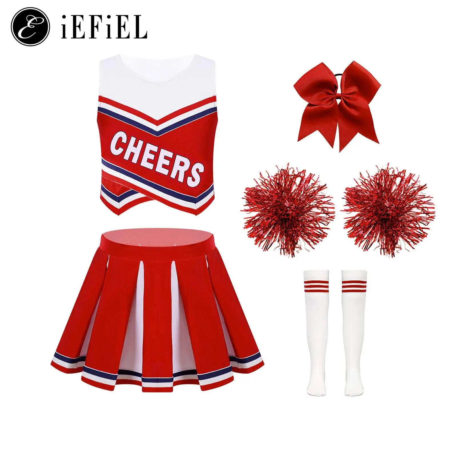 

Girls Cheerleader Costume Musical Show Carnival Festival Dance Outfit Crop Top with Pleated Skirts with Pompom Bow Sockes