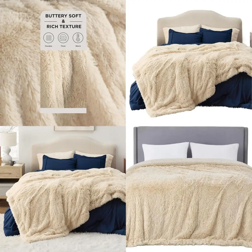 

Fluffy Beige Sherpa King Size Blanket, Plush Faux Fur Fleece Bedding, Warm Winter Cozy Cover, 108x90