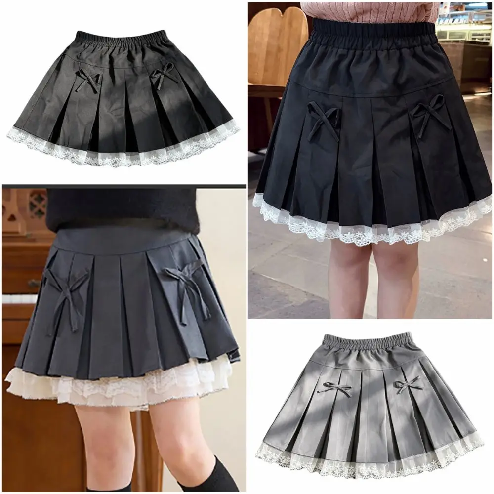 Bowknot Girl Pleated Skirt Black Grey Pleated Design Kids Uniform Skirt Uniform Style Lacw Edge Lolita Skirt Summer Autummn