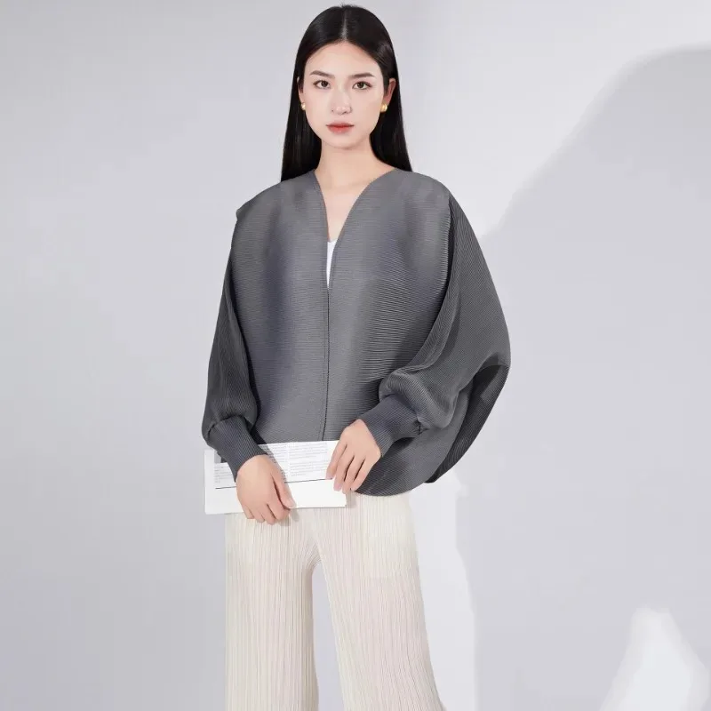 Pleated Jacket Miyake Autumn Bat Sleeve Solid Color Knitted Cardigan Shawl Top Thin Comfortable Outdoor Sun Protective Clothing