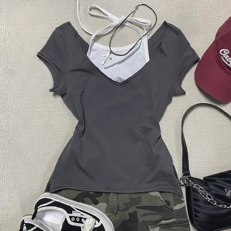 

Y2K women clothing arcane Vintage Halter Grey Short-sleeved Tops 2024 Slim Sexy Retro T-shirt Casual Basic Popular Chic Tees