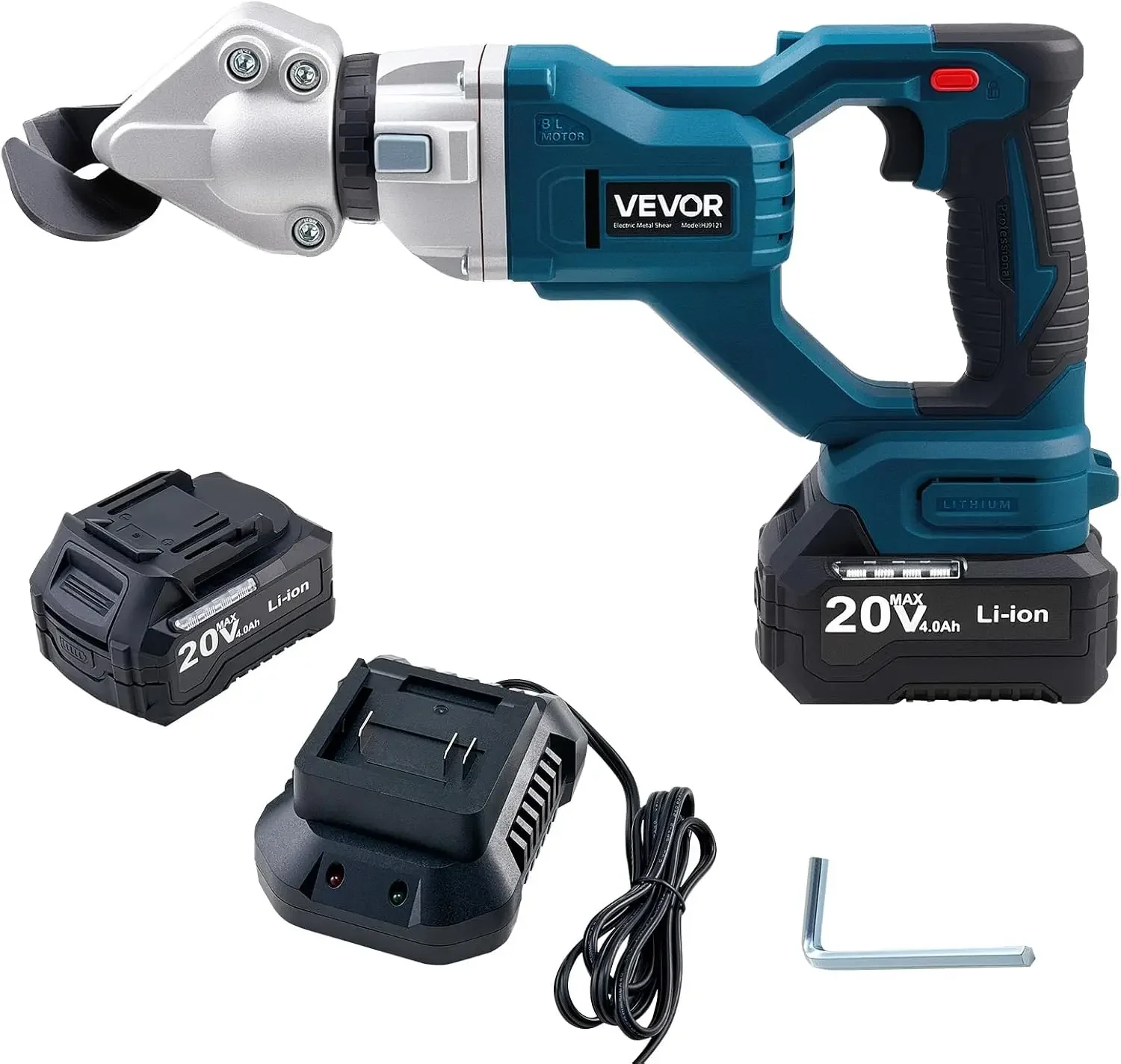 Metal Shear, Cordless Sheet Metal Cutter with 360-Degree Pivoting Head, Double Blades, 110VAC 20VDC, Cuts 18 GA Galvanized Steel