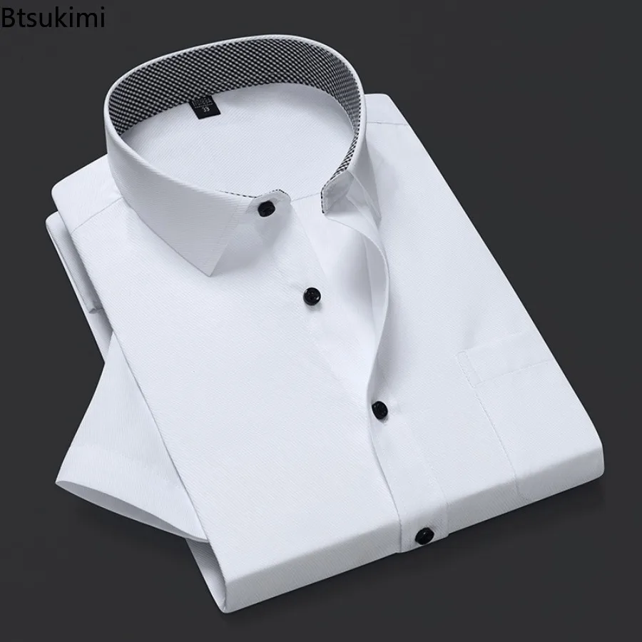 Fashion New Men's Short Sleeve Dress Shirts Summer Solid Slim Office Business Formal Shirts Men Casual Social Blouses Oversized