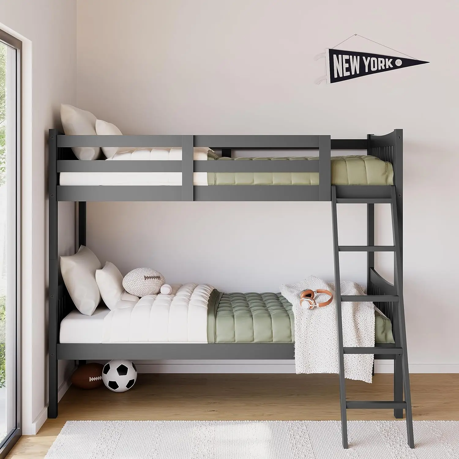 Twin-over-Twin Bunk Bed (Gray)Converts to 2 individual twin beds,QUALITY CRAFTMANSHIP: Crafted of rubberwood solids