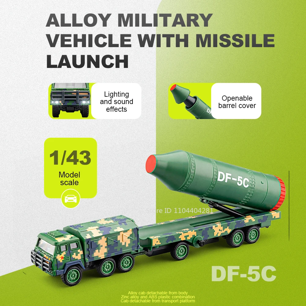 

1:43 DongFeng-5C Missile Launch Vehicle Alloy Military Car Diecast Model Toy Sound Light Wheel Sliding Car Excellent Collectible