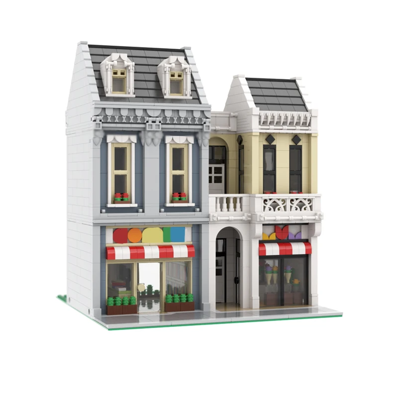 Street view modelo moc tijolos de construção loja de quadrinhos e loja de flores tecnologia modular presentes feriado montar crianças brinquedos terno