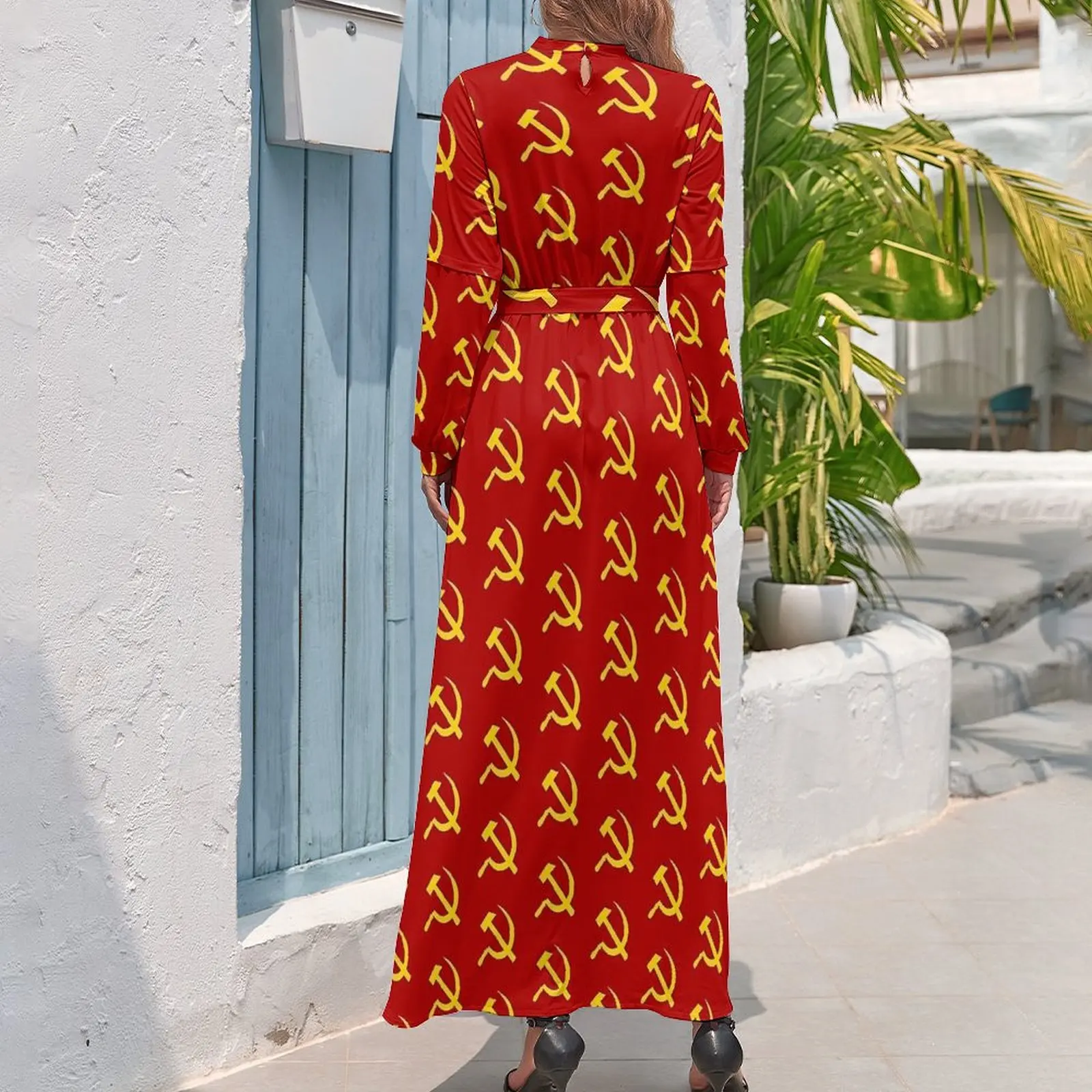 Hammer And Sickle Pattern CCCP Russian Soviet Flag Dress Long Sleeve Maxi Dress High Waist Beach Long Dresses Birthday Present